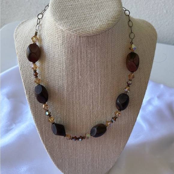 Wood & Amber Color Crystal Bead Necklace 18” Western Y2K Casual Lightweight - Picture 1 of 3
